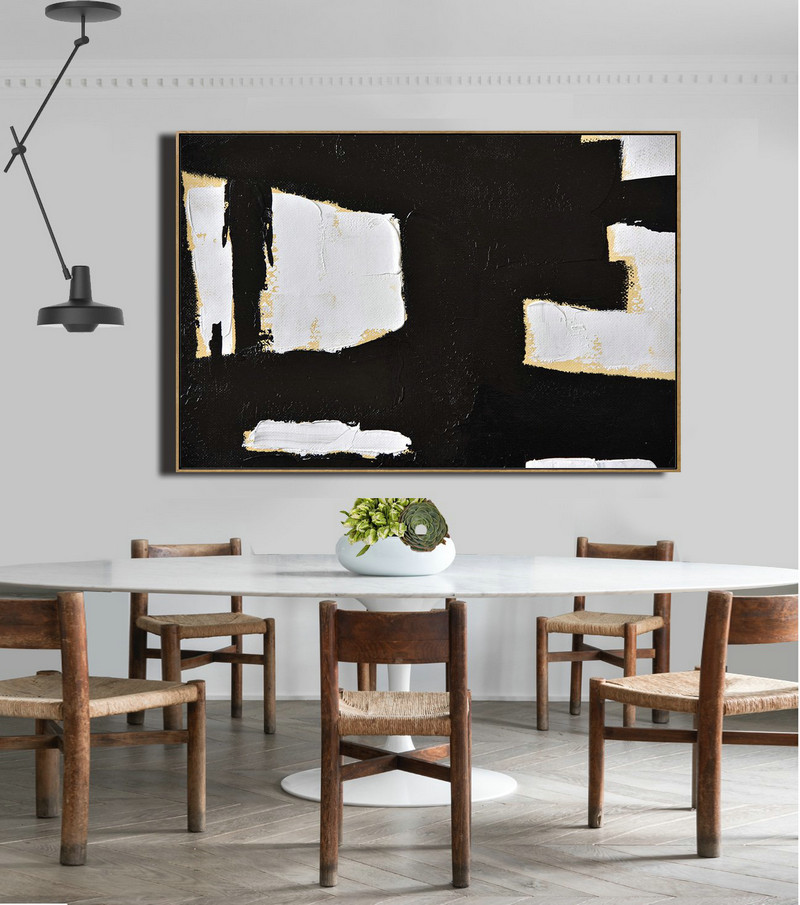 Extra Large Wall Art,Horizontal Palette Knife Minimal Canvas Art Painting Black White Beige - Abstract Art Decor,Contemporary Painting